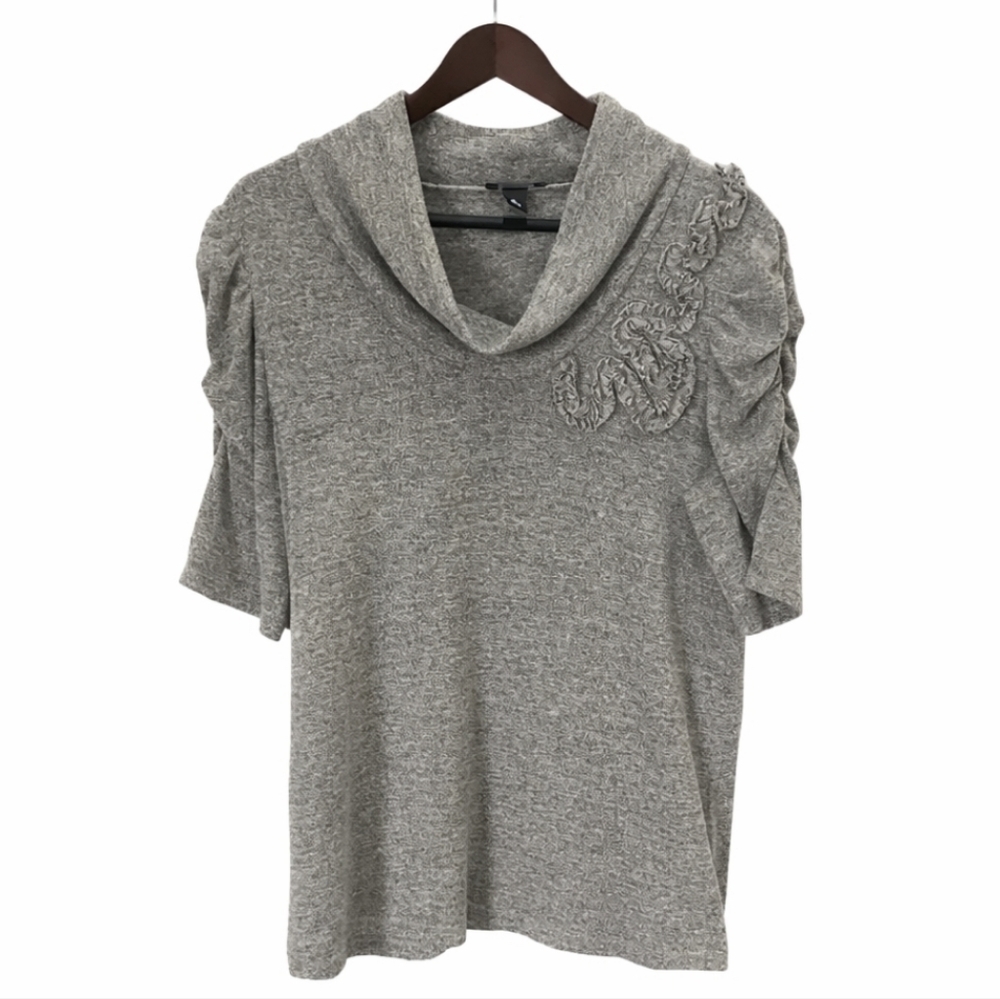 B Design Gray Raised Floral Design Gathered Sleeve Cowl Neck Sweater Sz XL